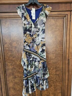 Ruffled V-Neck Camouflage Print Maxi Dress - Blue/Green